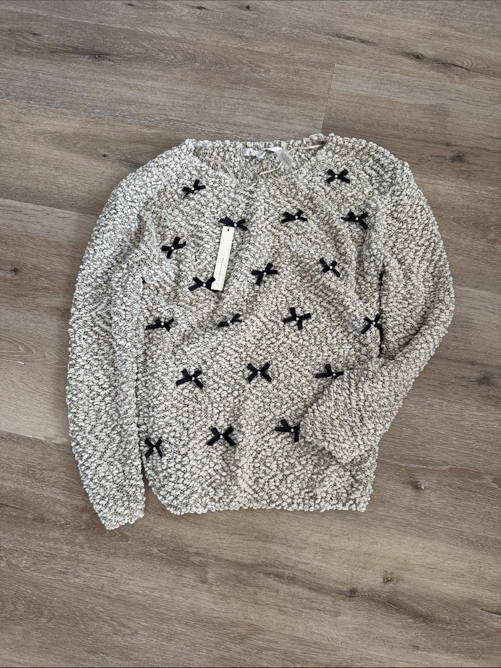 LC Lauren Conrad Cream Bouclé Popcorn Knit Sweater with Black Bows